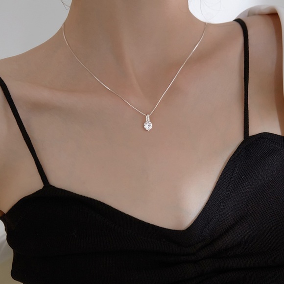 Sterling Silver Drop Bar Round Simulated Diamond Pendant Necklace - Picture 4 of 10